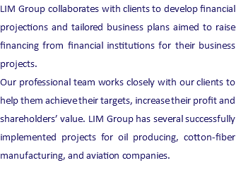 LIM Group collaborates with clients to develop financial projections and tailored business plans aimed to raise financing from financial institutions for their business projects. Our professional team works closely with our clients to help them achieve their targets, increase their profit and shareholders’ value. LIM Group has several successfully implemented projects for oil producing, cotton-fiber manufacturing, and aviation companies. 